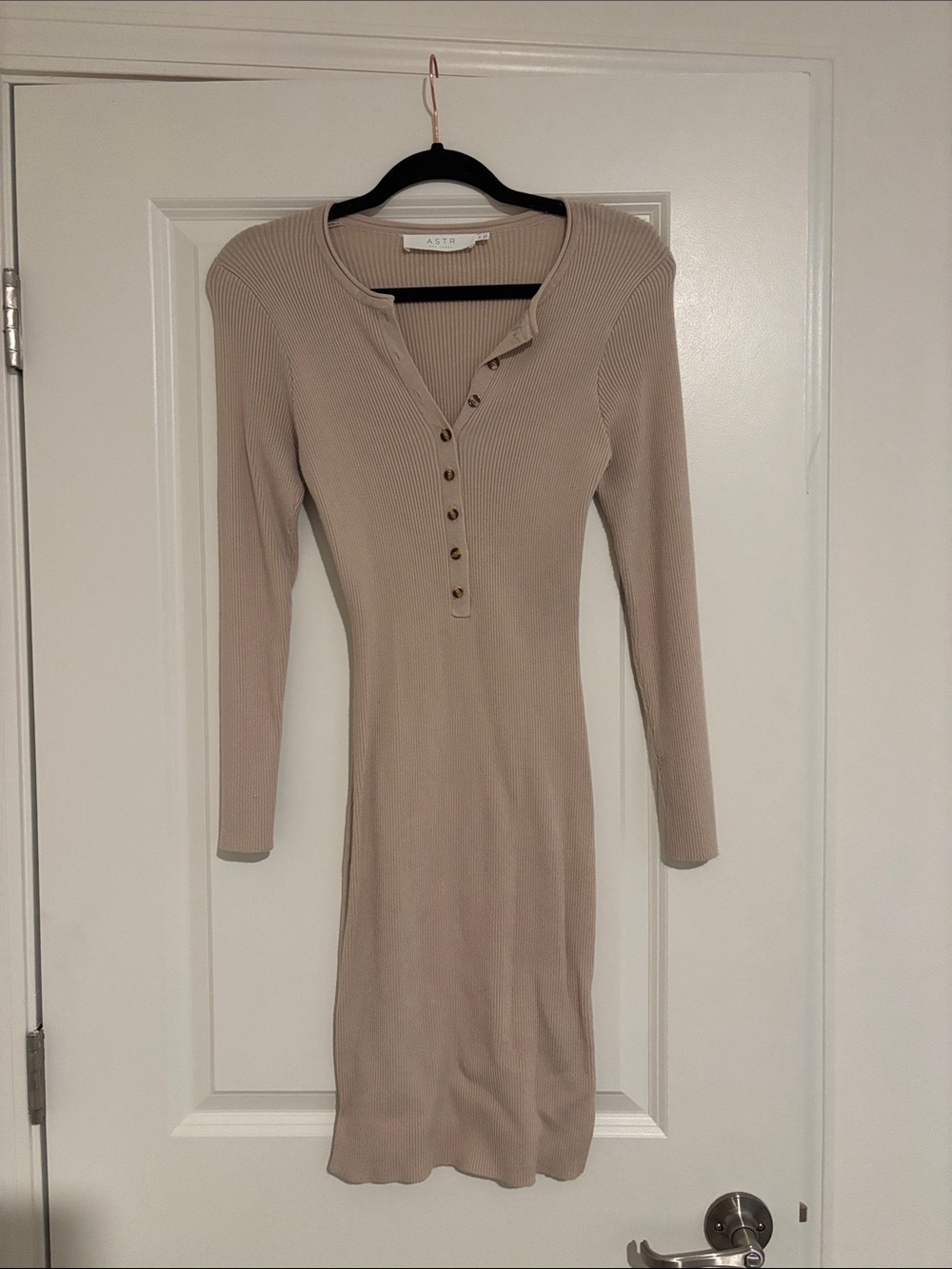Astr Ribbed Henley Long-Sleeve Midi Dress in Beige
